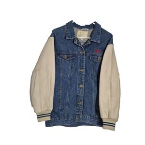 WHIPP Jacket Mens Small Blue Denim Varsity Leather Sleeves Squadron '58 Club VTG